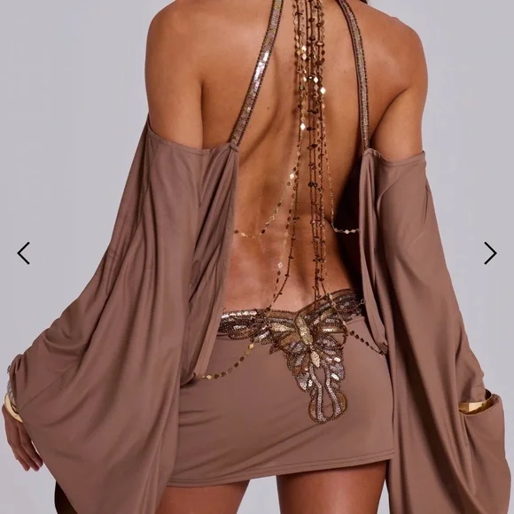 Jaded London Tan Backless Mini Dress with Gold Chain Detail - Picture 4 of 4
